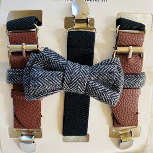 Toddler Boy Suspenders Bow Set Black and Grey Herringbone 3yr+ NEW
